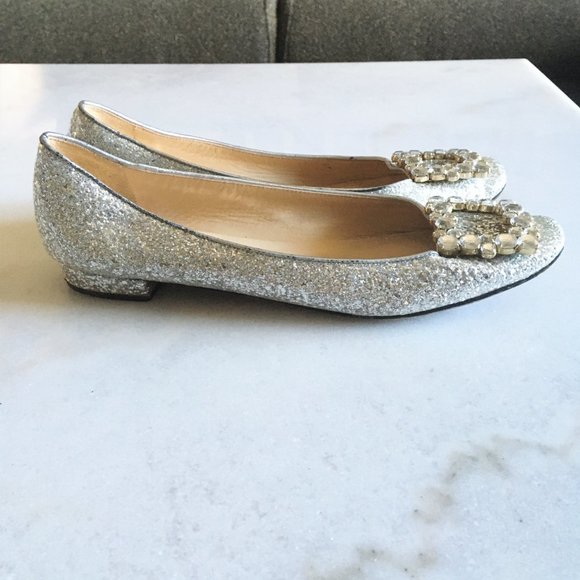 Kate Spade Norella silver glitter ballet flat shoe with crystal buckles - Picture 2 of 11